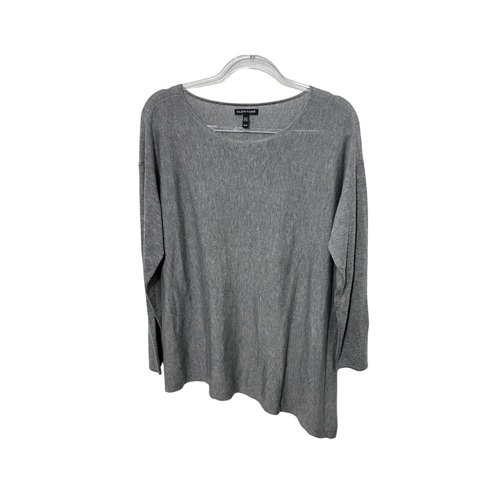 Eileen Fisher Knit Top Womens Medium Gray Asymmetrical Hem Scoop Neck‎
